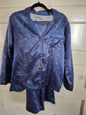 Vintage Character Celestial Satin Pajama Set Blue Gold Moon Stars S (Cfd007)